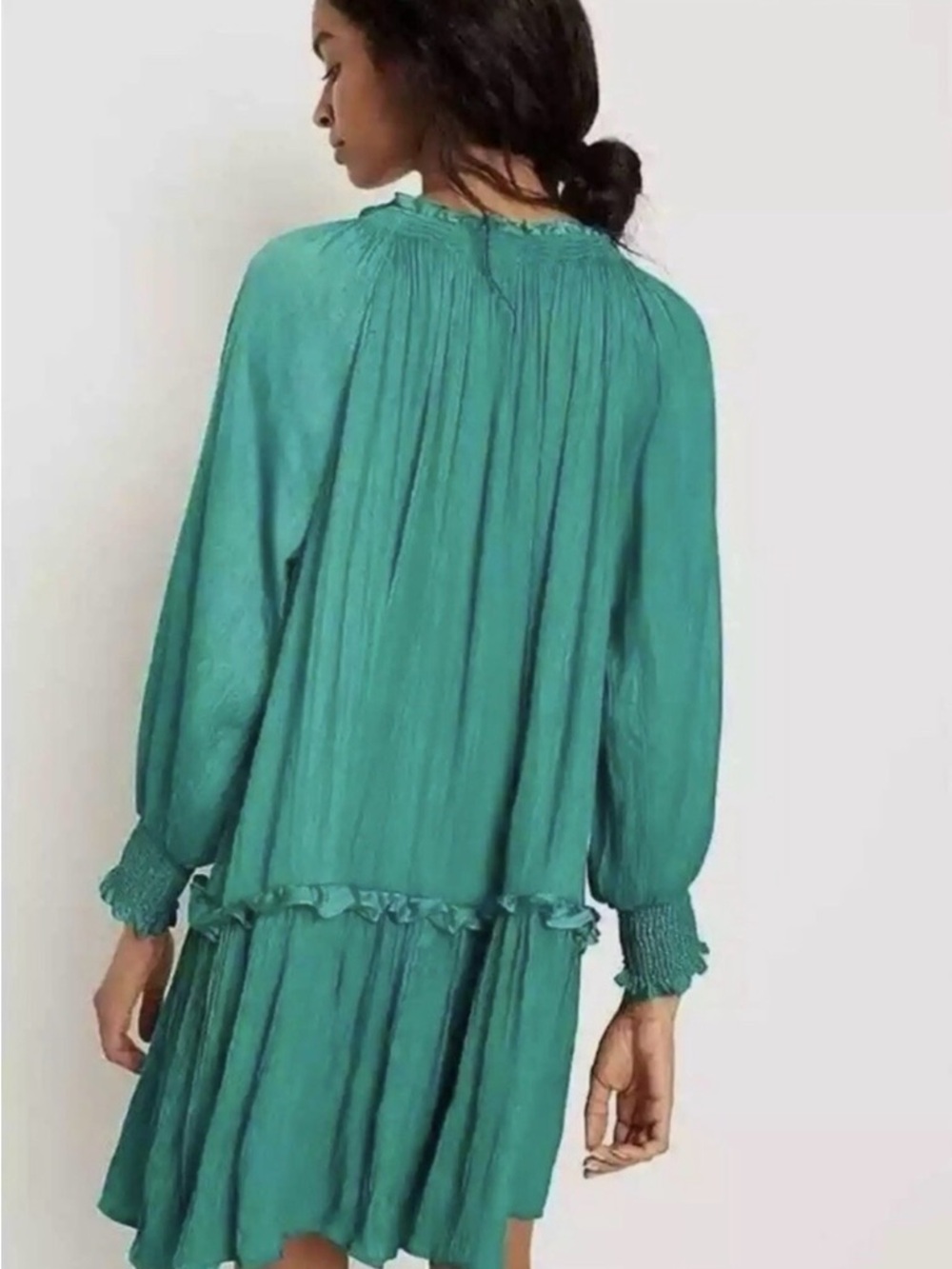 Anthropologie Giulia Long Puff Sleeve Green Spliced Neck Tie Tunic Dress Size XS - Picture 2 of 7